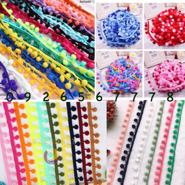 Dải dây tua rua pom pom, dây boho vintage,dây viền bông , bufet dép pompom