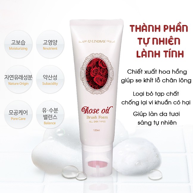 Sữa rửa mặt Rose Oil Brush Foam 120ml tác dụng thải độc, dưỡng trắng da, se khít lỗ chân lông