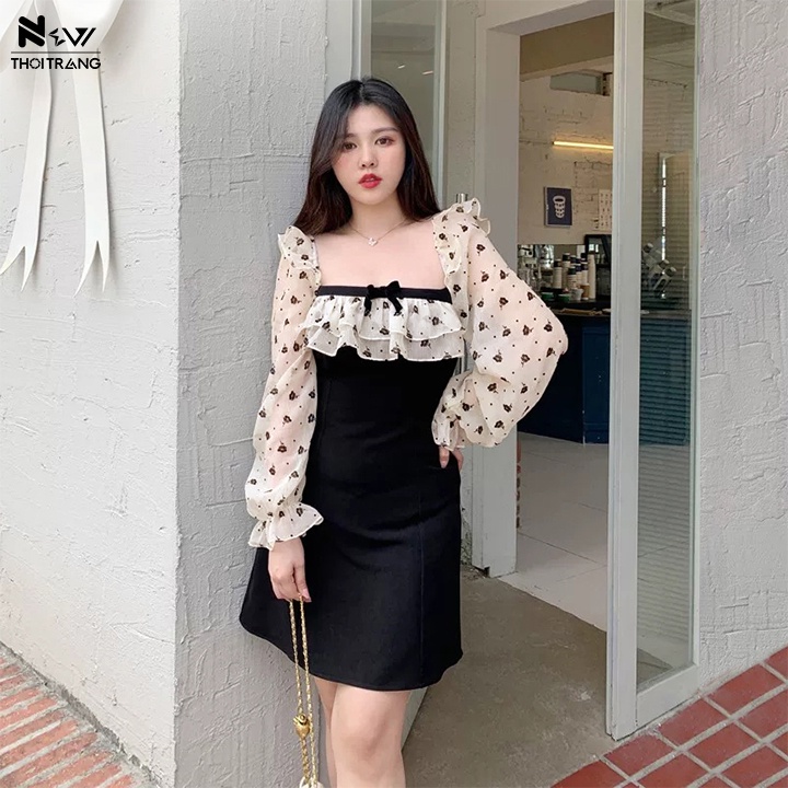 Đầm Suông Mặc Tết In Hoa Cổ Bèo Đính Nơ