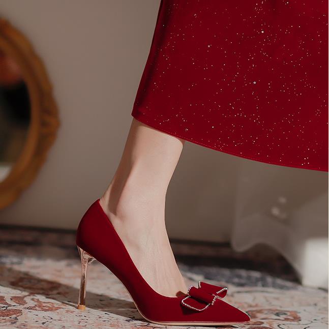 Giày Cao Gót Đính Nơ Đỏ Thời Trang Pháp Cho Cô Dâu 2022 Mới
