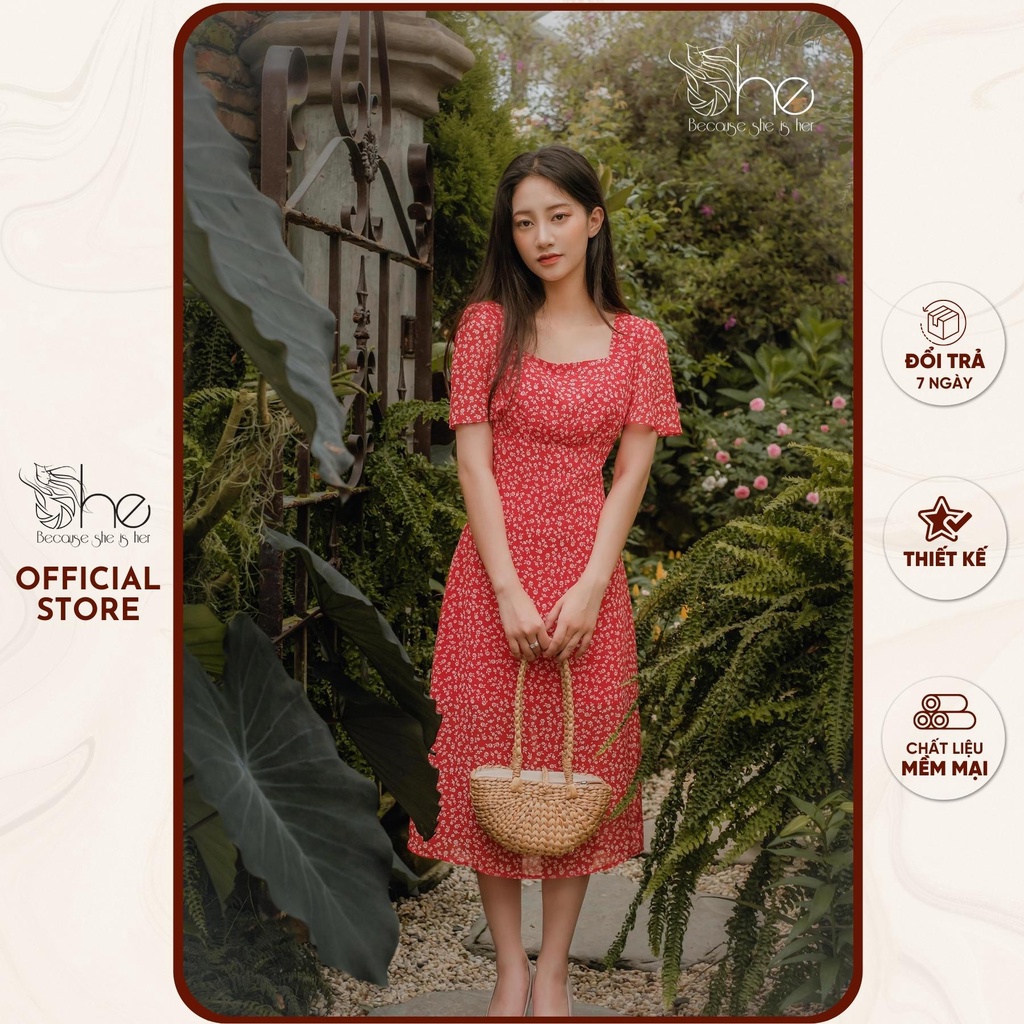Đầm hoa cổ vuông xẻ tà She, váy đầm dáng suông đi làm đi chơi dễ thương SDX113