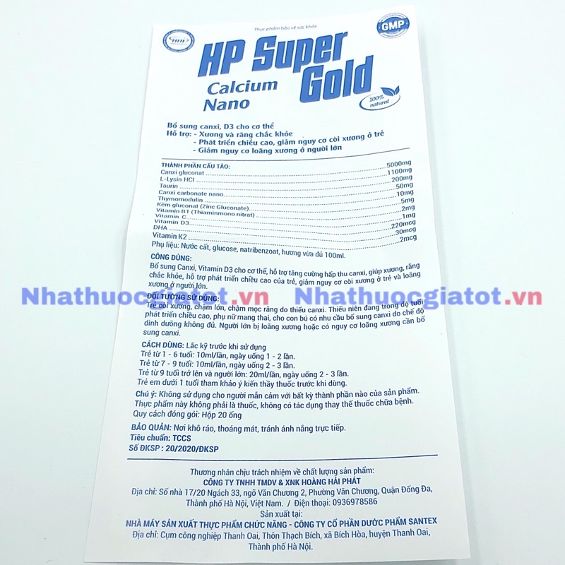 [20 ống] HP Super Gold Calcium Nano bổ sung Canxi và Vitamin D3 giúp xương chắc khoẻ, bé cao lớn