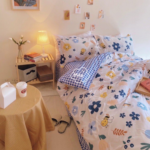 Bộ chăn ga gối Cotton Poly hoạ tiết hoa nhí động vật đáng yêu màu xanh MÂY BEDDING đủ kích thước nệm