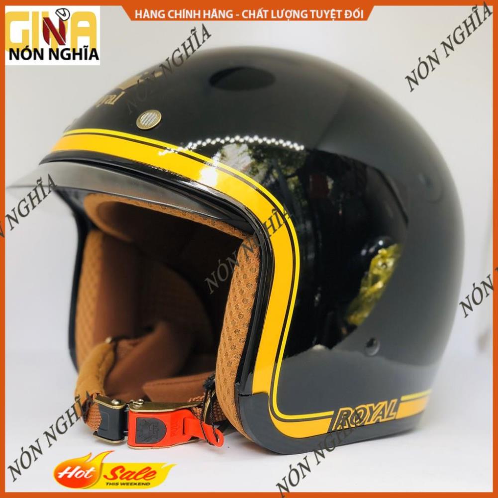 Mũ bảo hiểm 3/4 Royal kính âm M139 tem V10 đen chỉ vàng