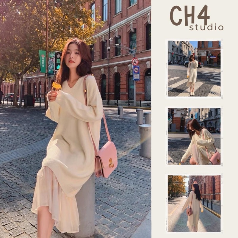 Váy len suông dài nhún bèo ulzzang phong cách Hàn Quốc AD1004