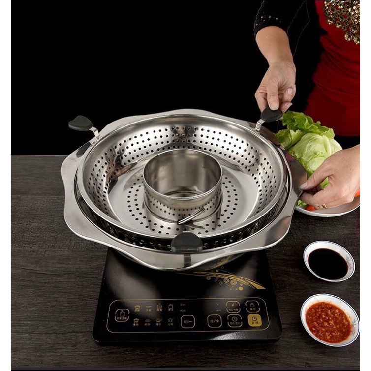 Nồi Lẩu Xoay Inox 2 Lớp Trục Vớt Đồ Ăn Tiện Lợi