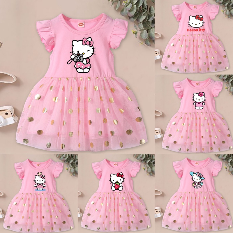 Đầm Công Chúa Màu Hồng In Họa Tiết hello kitty Dễ Thương Cho Bé Gái