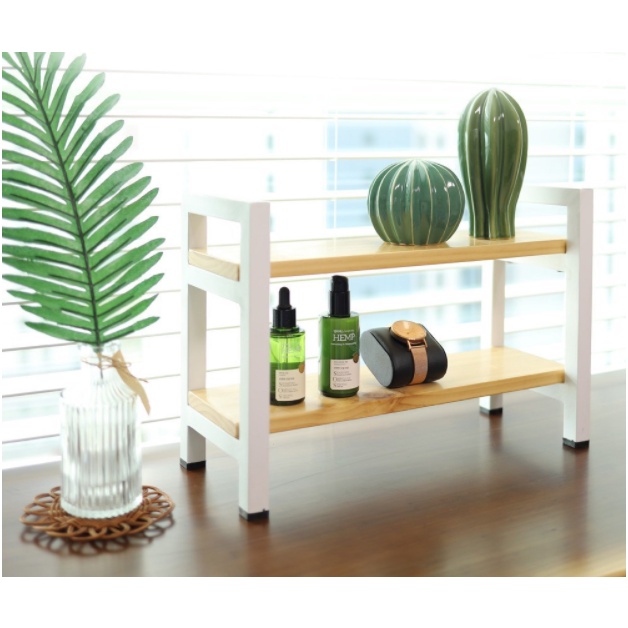 Kệ trang trí mi ni đa năng hai tầng bằng gỗ và sắt sơn tĩnh điện màu trắng decor phong cách hàn quốc