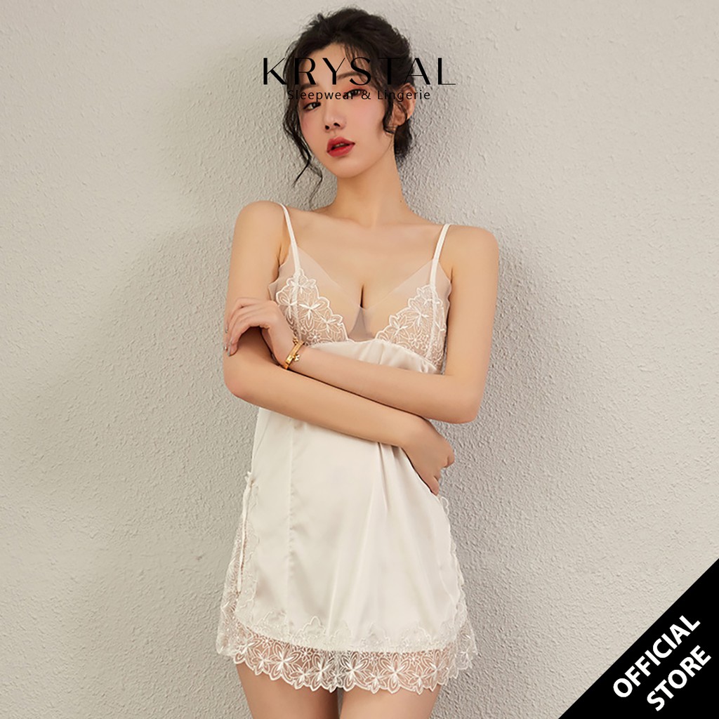 Váy ngủ lụa phối ren sexy gợi cảm màu trắng KRYSTAL KV07 | BigBuy360 - bigbuy360.vn