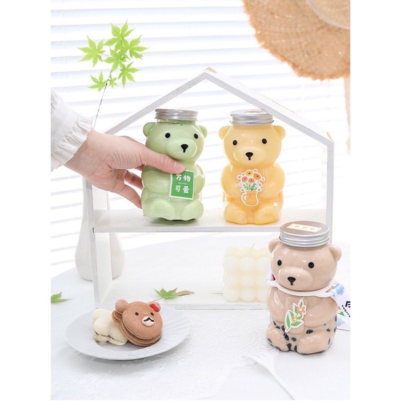Bình chai nhựa PET hình gấu Teddy đựng trà sữa, nước ép hoa quả 420ml có nắp đậy bằng nhôm