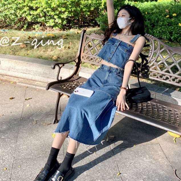 Set Áo Hai Dây Phối Chân váy jean Chữ A Lưng Cao Thời Trang Hàn Quốc Cá Tính Cho Nữ