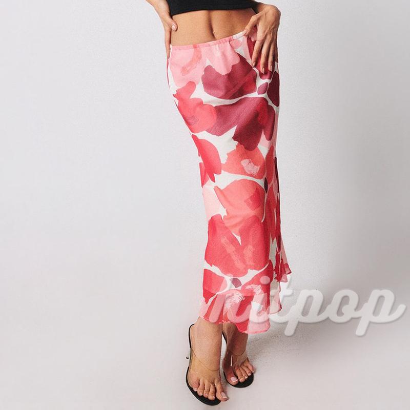 Hitpop-Women Fashion Mid-Length Skirt Leopard Floral Print Elastic Waist Skirt Summer Casual Chic Pencil Skirt