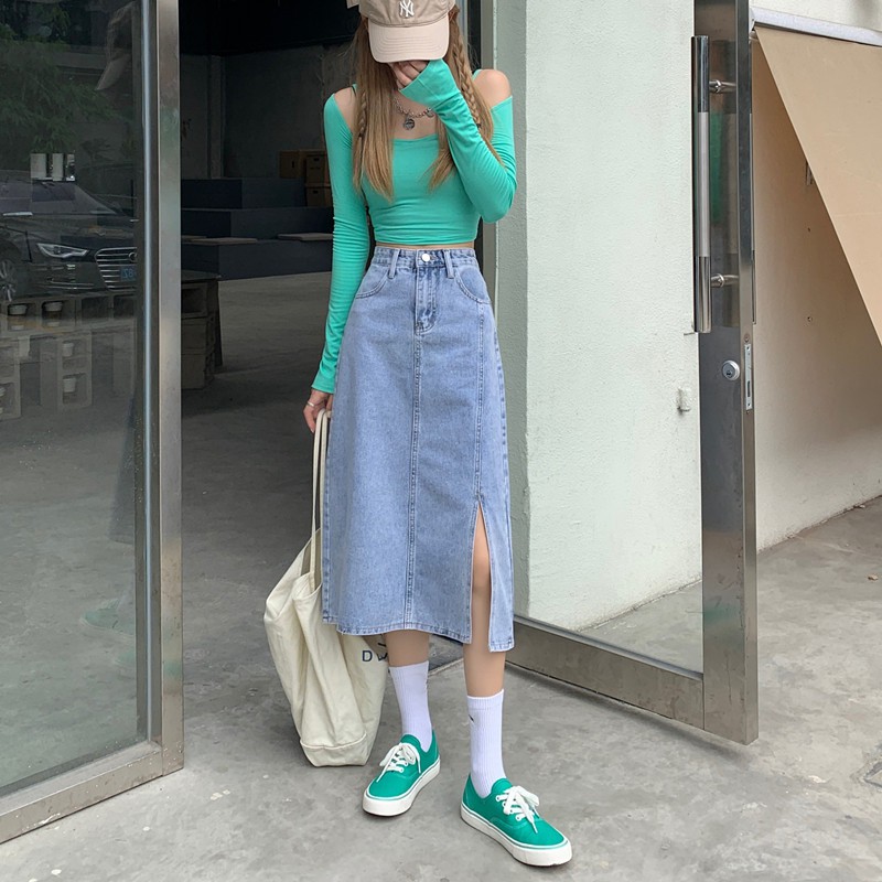 Chân Váy Denim Chữ A Lưng Cao Phong Cách Vintage | BigBuy360 - bigbuy360.vn