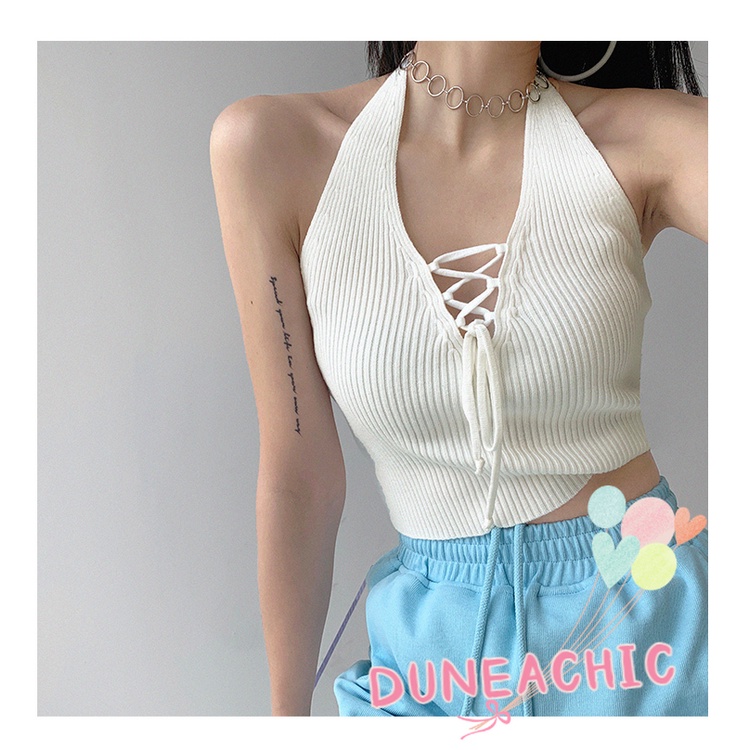 DUNEA Áo Tank Top Dệt Kim Cổ Chữ V Hở Lưng Màu Trơn Quyến Rũ