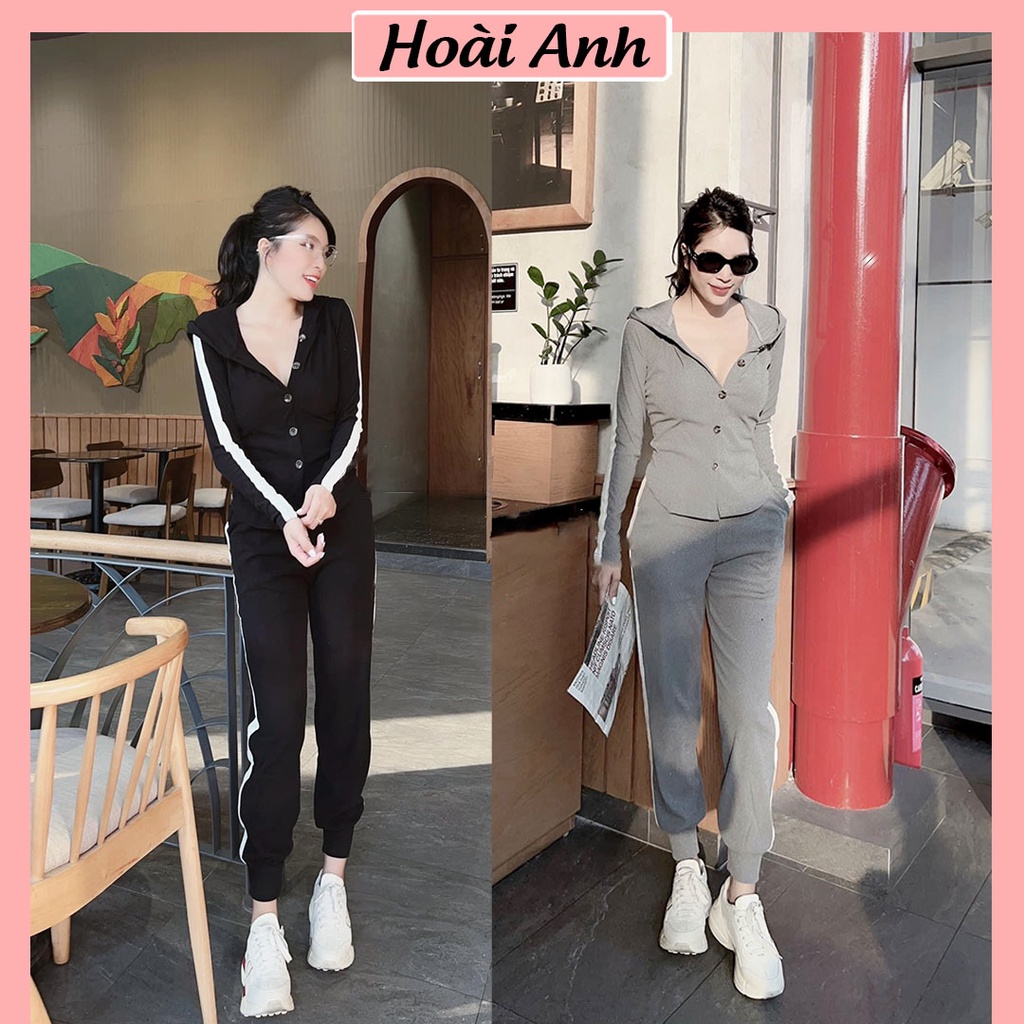 Set Bộ Nữ Bộ Đồ Nữ Thêu Chữ Có Mũ Cúc Phối Viền Freesize