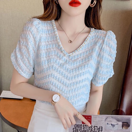 Áo sơ mi ngắn tay nữ cổ chữ V đính hạt ngọc cao cấp mùa hè 2021 | BigBuy360 - bigbuy360.vn