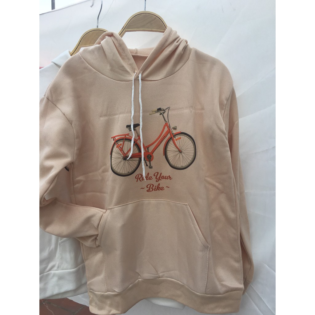 Áo Hoodie hình xe đạp UNISEX(3 màu trắng, be, hồng)