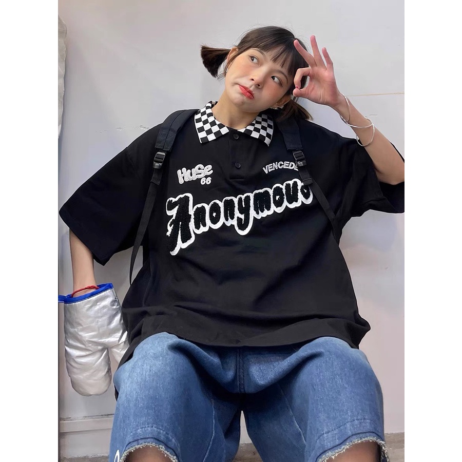 Áo thun Polo cổ bẻ Caro Boin thêu xù ANONY, Polo from rộng unisex vải thun da cá cao cấp 4 chiều phù hợp cho nam và nữ