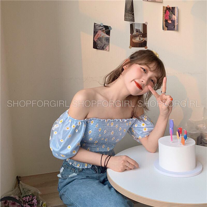 Áo tay phồng hoa cúc màu trắng tay ngắn - shop8868