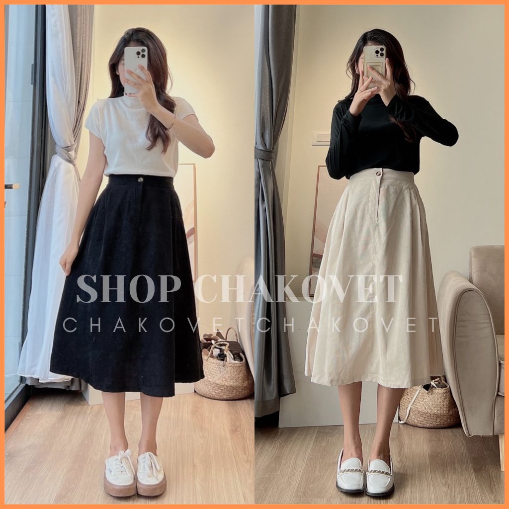 Chân váy nhung tăm dáng dài cạp chun V8433 Chân váy chữ A phối cúc dài qua gối thời trang học sinh công sở Ulzzang