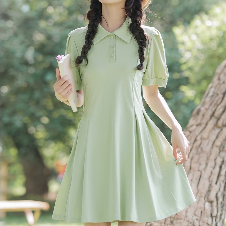Đầm Cổ Polo Tay Phồng Thiết Kế Trang Nhã Cho Nữ
