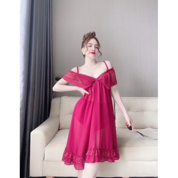 Váy ngủ sexy nữ SOJUN Váy ngủ chiffon bẹt vai + quần &lt;70kg