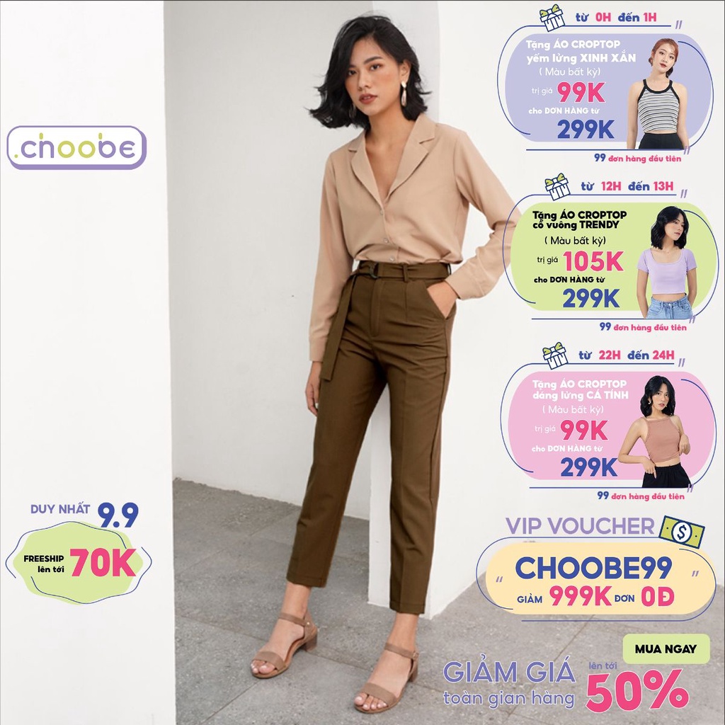 Quần baggy nữ Choobe lưng cạp cao đai dây rời đồ công sở đi học form đẹp màu đen xanh nâu Q12