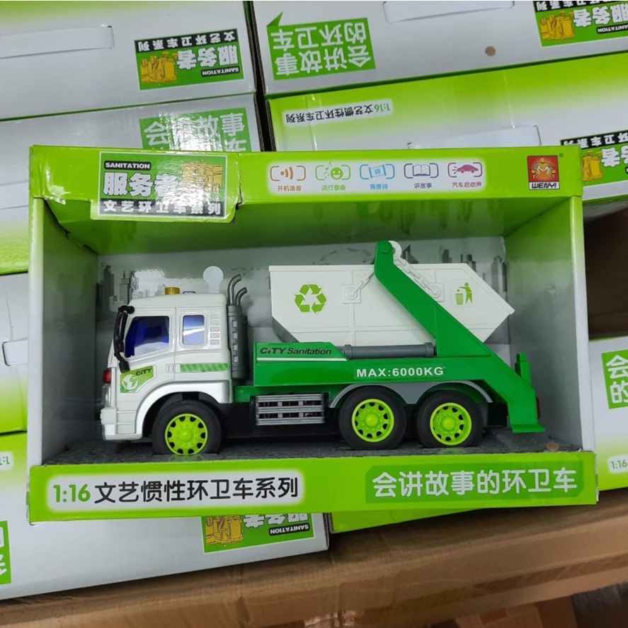 Xe ô tô chở rác có thùng lật mô hình đồ chơi tỉ lệ 1:16 có âm thanh và đèn