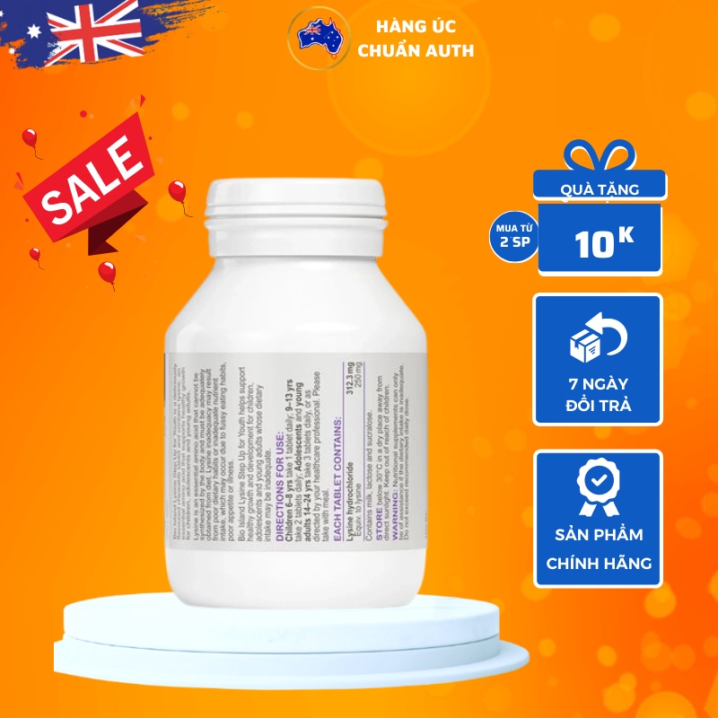 Viên nhai Hỗ trợ Tăng chiều cao cho bé Úc Bio Island Lysine Step Up for Youth 60 viên