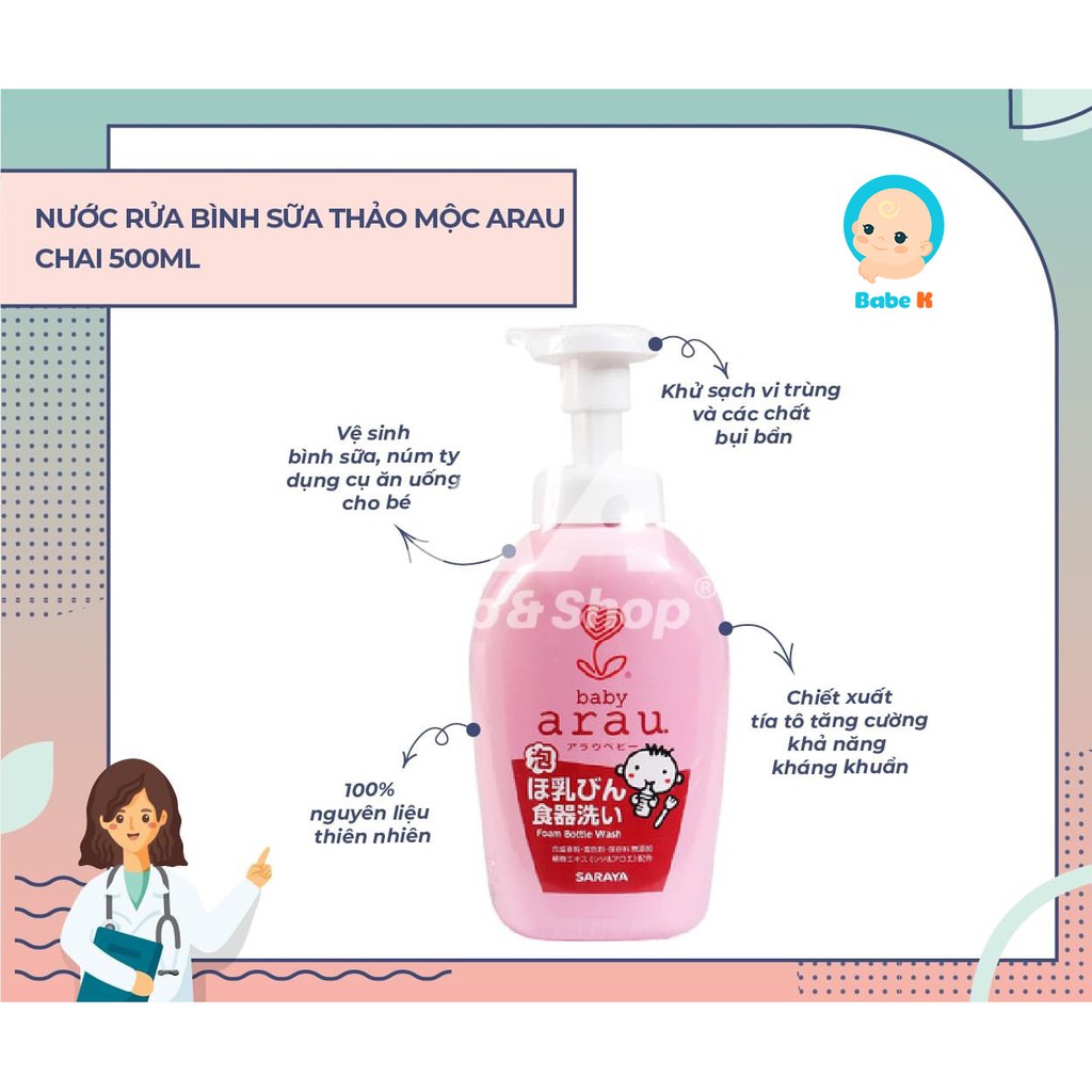 [Mã 267FMCGSALE giảm 8% đơn 500K] Nước rửa bình sữa Arau Baby của Nhật dạng chai và túi Shop Babe K