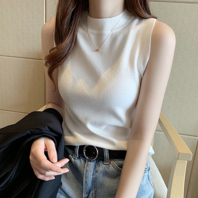 Áo Vest Dệt Kim Trơn 185245 Áo Thun Cổ Lọ Không Tay DáNg Ôm ThờI Trang Cho Nữ