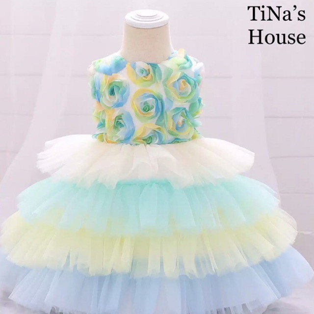 Đầm Công Chúa Cao Cấp TiNa’s House: Kiểu Sát Nách, Phối Hoa vs Chân Váy Nhiều Tầng Họa Tiết Cầu Vồng Cho Bé Từ 0-05Tuổi.