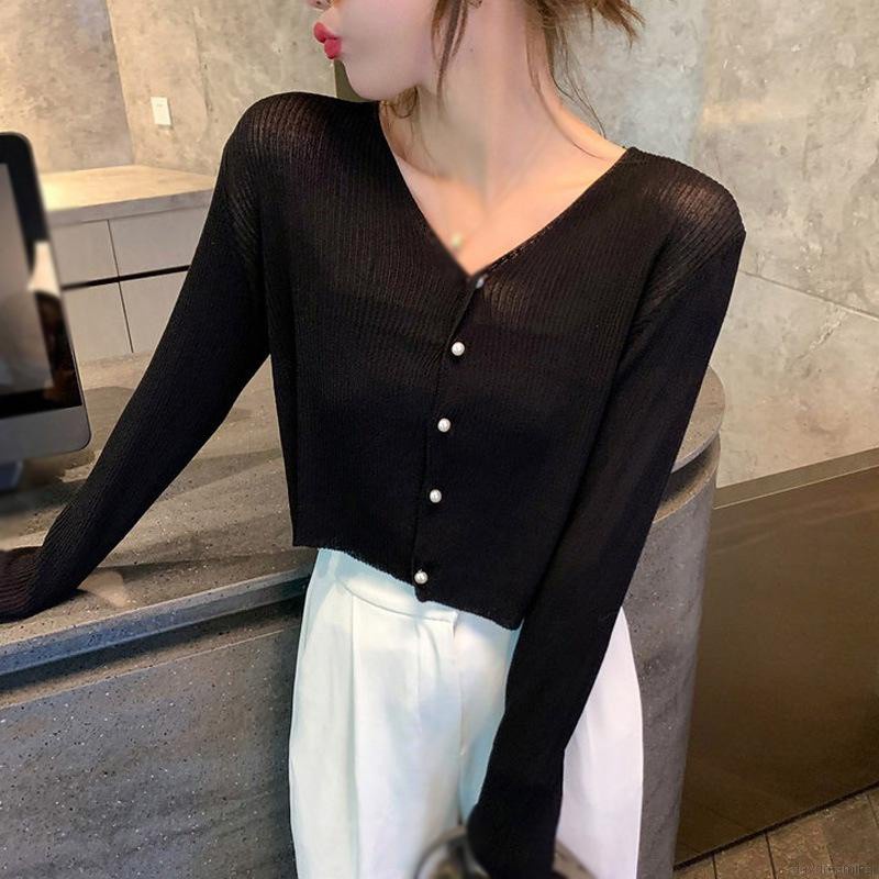 Áo Cardigan Dệt Kim Mỏng Tay Dài Cổ Chữ V Màu Sắc Đơn Giản Cho Nữ