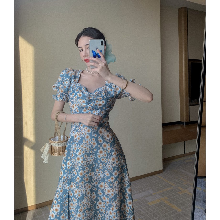 Đầm Tay Ngắn Cổ Vuông Họa Tiết Hoa Cúc Thời Trang | BigBuy360 - bigbuy360.vn