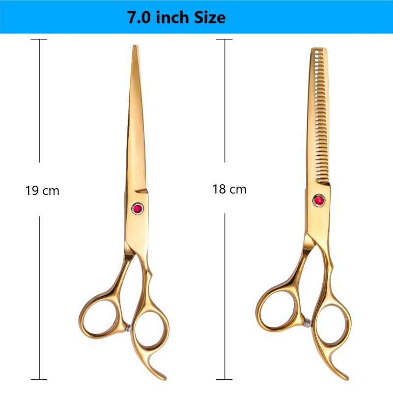 Bộ Kéo Cắt Tóc 7.0 Inch Màu Vàng Bằng Thép Không Gỉ Chất Lượng Cao + Bàn Chải Làm Sạch + Áo choàng cắt tóc + Túi làm đẹp