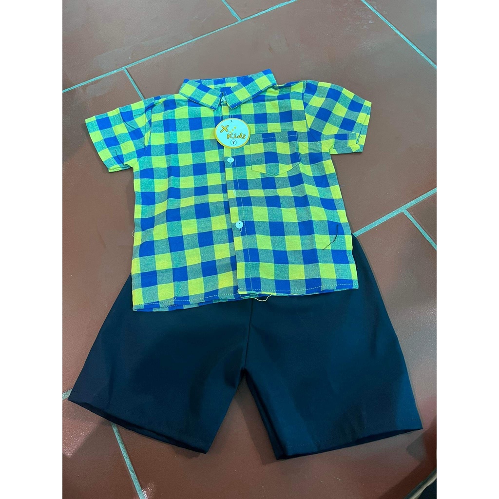 Sét Bộ áo sơ mi trắng/ sọc caro và quần sort đũi cho bé trai 8-18kg