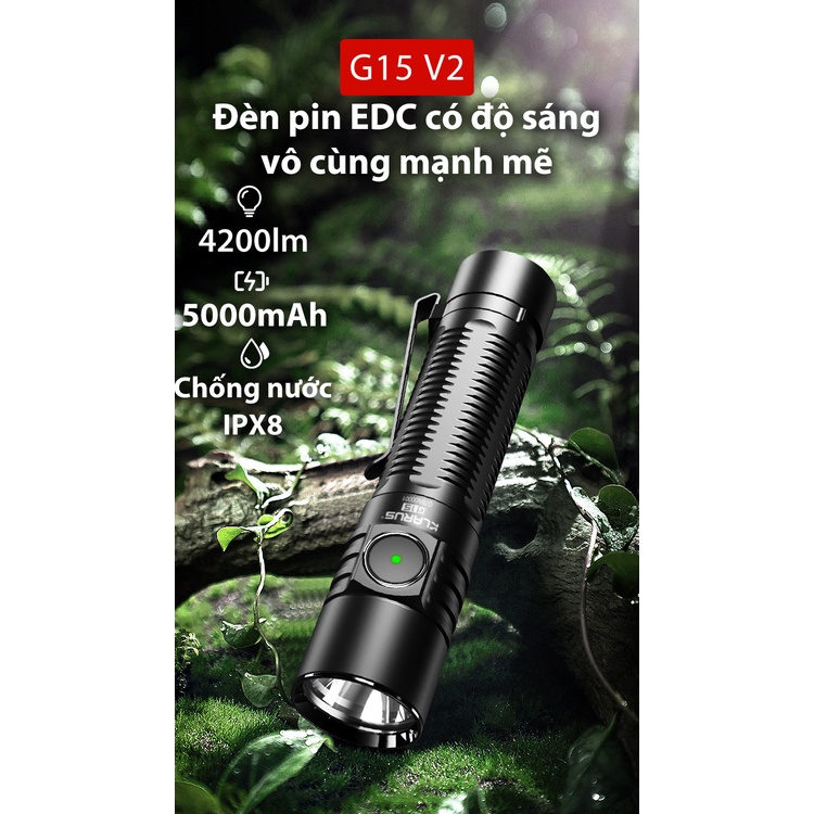Đèn pin KLARUS G15 v2 độ sáng 4200 lumen chiếu xa 200m pin sạc 21700 5000mAh cổng sạc USB C kiêm power bank