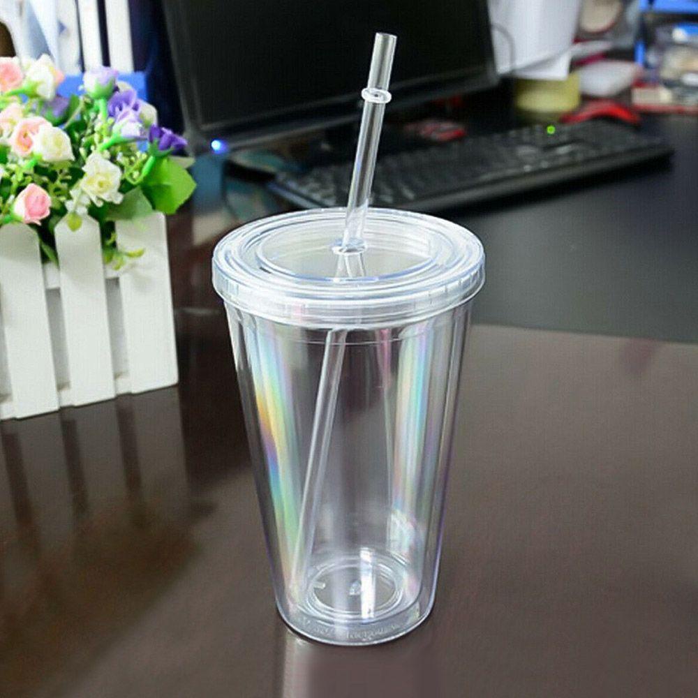 Ly uống nước nhựa hai lớp 500ml có thể tái sử dụng đựng trà sữa nước uống lạnh có ống hút