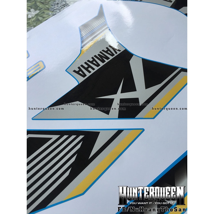 Tem rời dán xe Exciter 150 màu xanh, phối màu bạc đen vàng. Decal cao cấp không bay màu