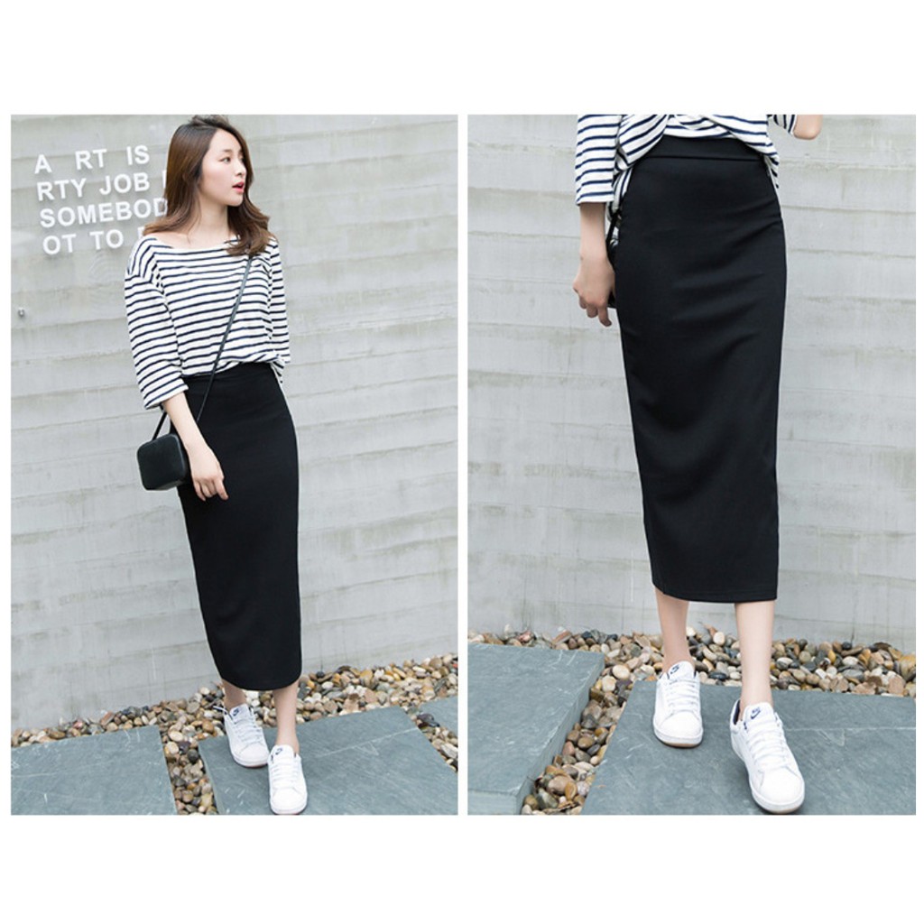 Chân váy bút chì dáng dài xẻ tà phía sau - Chân váy dáng xuông màu đen dáng dài xẻ tà - Mã CV189