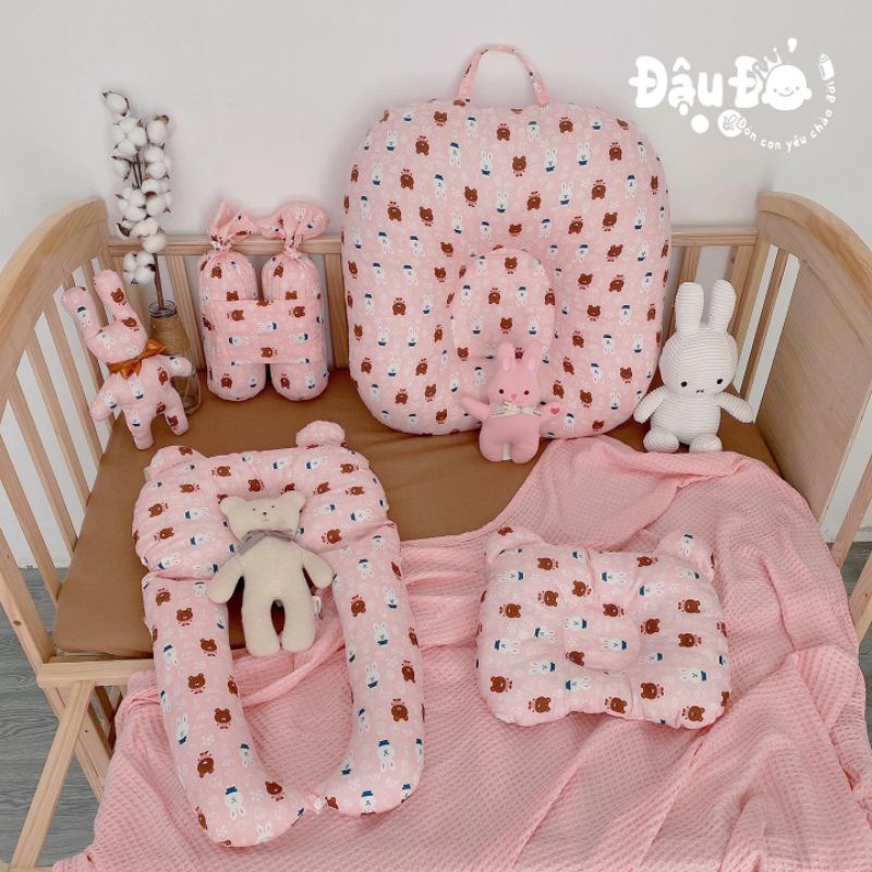 full set gấu thỏ cotton nền hồng cho bé