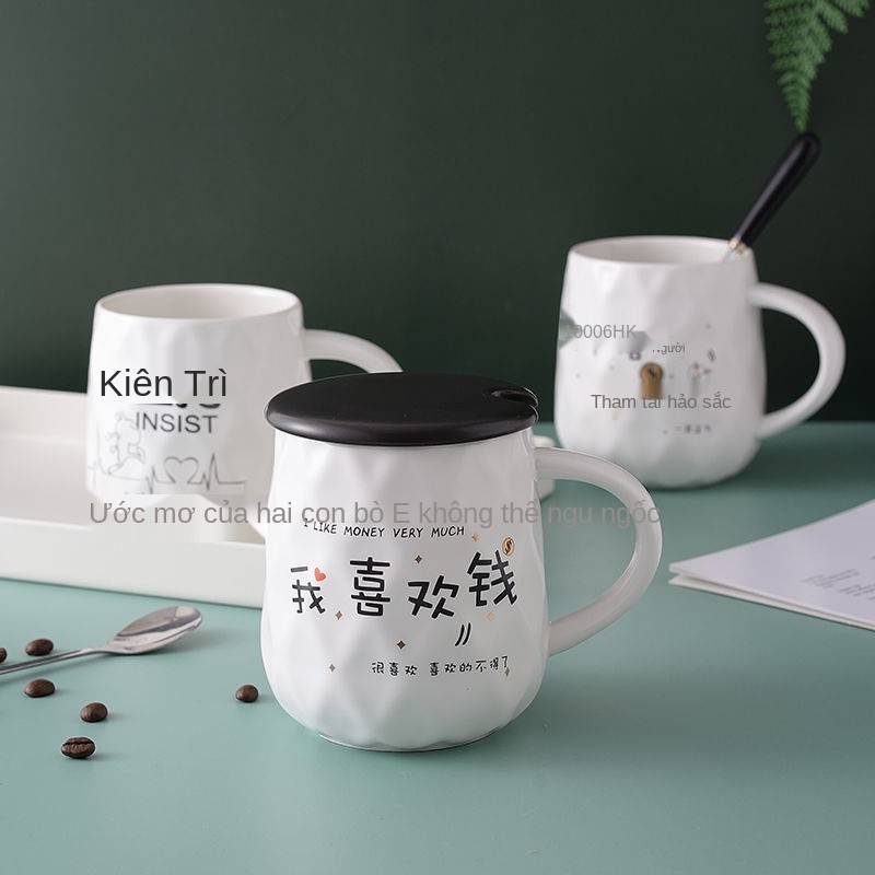 cốc sứ có nắp và thìa ly cà phê uống tại nhà nước phòng khách nam nữ sinh viên phiên bản Hàn Quốc dễ thương