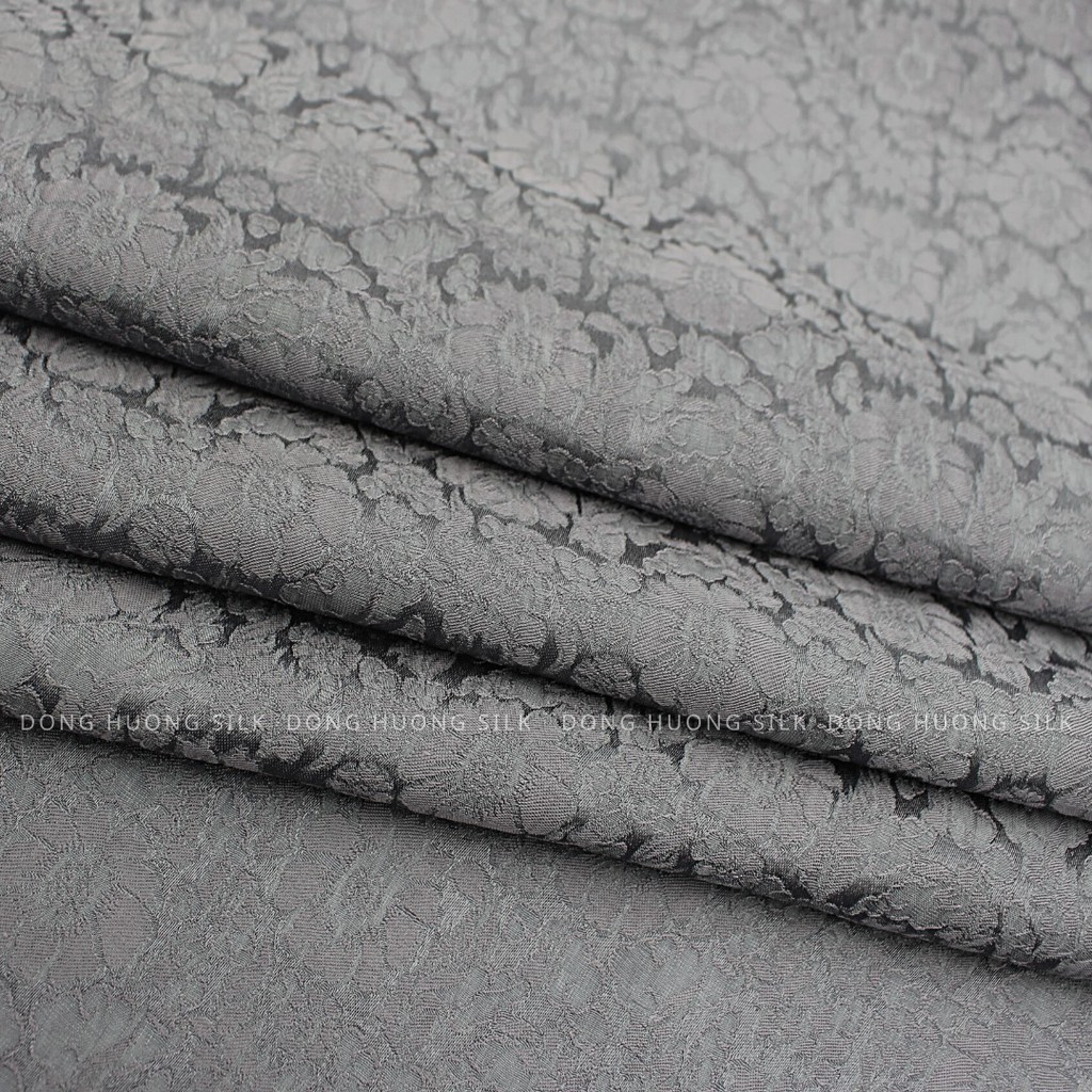 Vải Lụa Hà Đông Satin Hoa Cúc - Đông Hương Silk - LHVS073 Ghi chì - mát, mềm, tôn dáng, quý phái, sang trọng