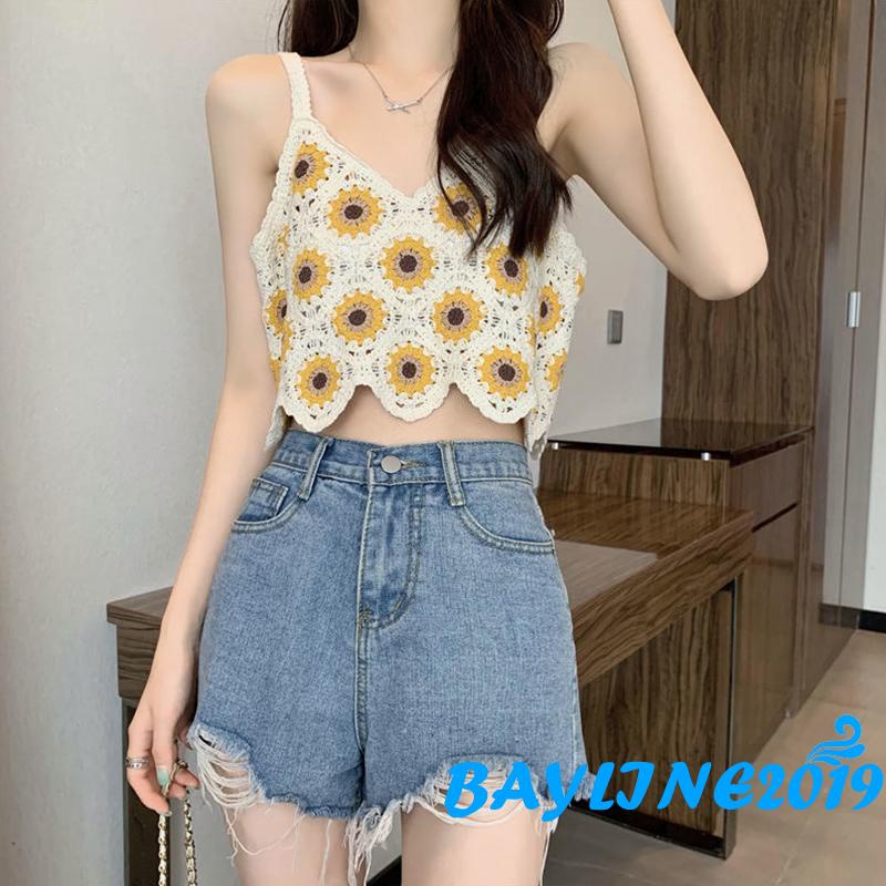 Áo Croptop Dệt Kim Sát Nách Cổ Chữ V Khoét Sâu In Họa Tiết Hoa Hướng Dương Thời Trang Mùa Hè Cho Nữ