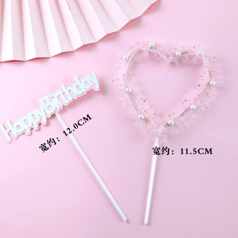 đồ trang trí bánh kem [FREESHIP❤️] thẻ cắm tim trăng sao vải HPBD đính hạt