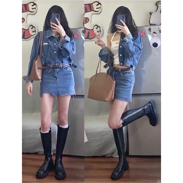 Set Denim Nữ chân váy bò tua rua + Áo khoác Denim form crop | Có ảnh thật cuối nha