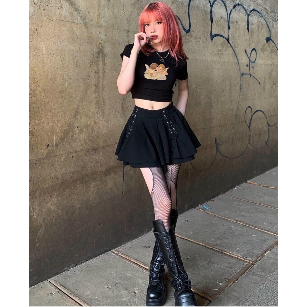 áo croptop thun lụa tay ngắn in 3d thiên thần xinh na