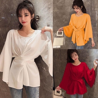 Áo Kiểu Tay Loe Thắt Nơ Eo Thời Trang Cho Nữ