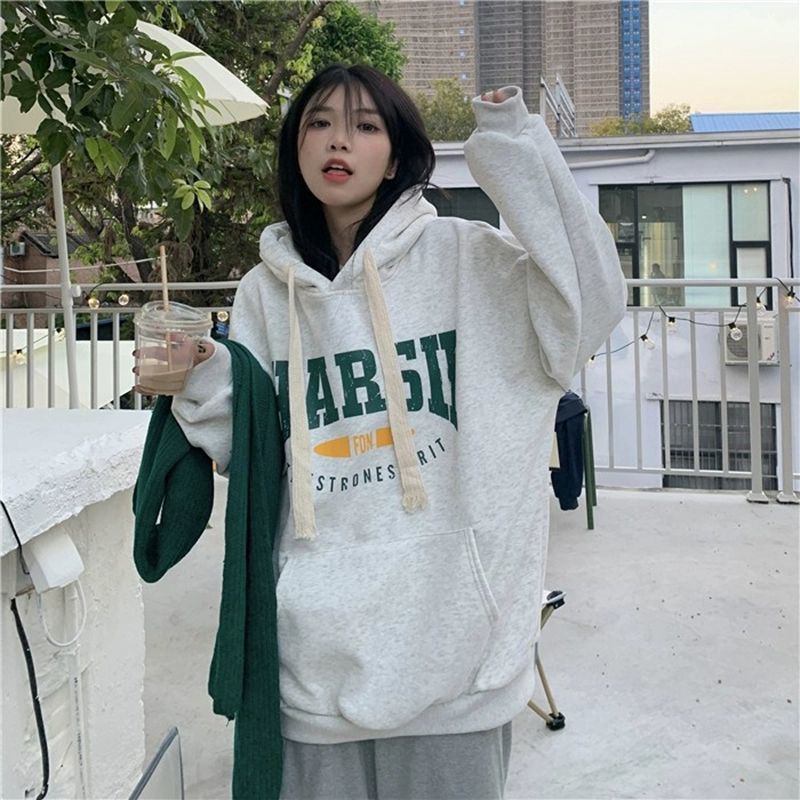 Áo hoodie COZOK tay dài dáng rộng in chữ phong cách cổ điển Hàn Quốc thời trang cho nữ