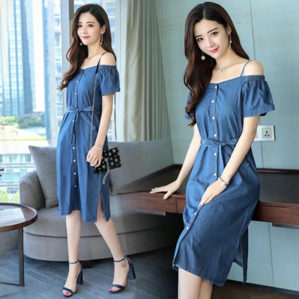 ĐẦM SUÔNG JEAN PHỐI NÚT CỘT EO TRỄ VAI 2 DÂY